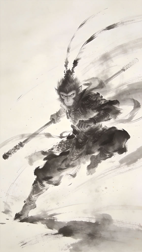 Sun Wukong, wielding his golden cudgel, disdained to worship the heavens.